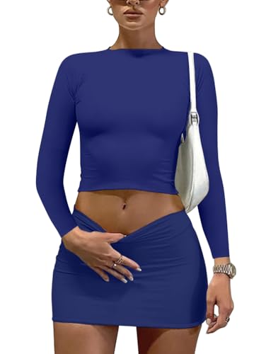 Image of LAGSHIAN Women Sexy 2 Piece Outfits Long Sleeve Crop Top Bodycon Mini Skirt Club Suits Dress