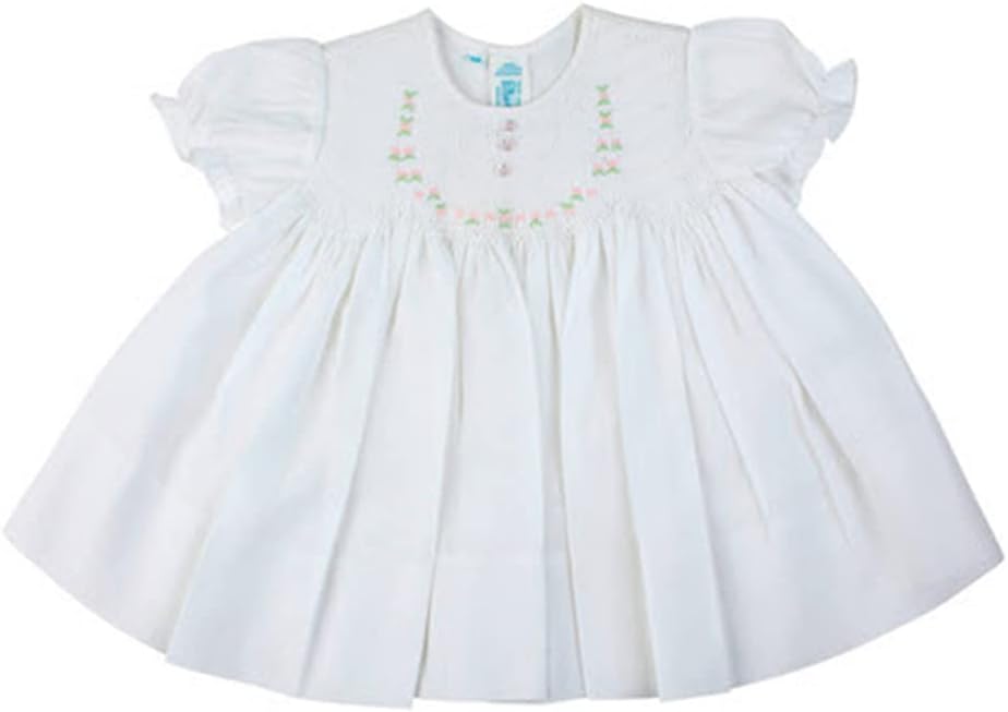 Feltman Brothers White Smocked Baby Dress with Embroidered Rosettes Newborn