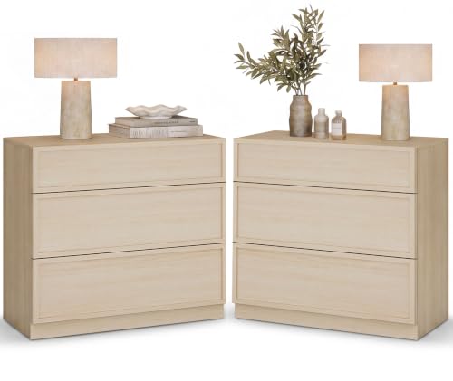 Image of WAMPAT Wided Nightstand with 3 Drawers, Modern Tall End Table with Large Storage for Bedroom, Bedroom Wooden Side Table and Closet Organizer, Beige, 2 Pcs