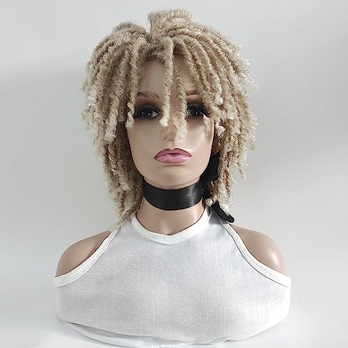 Ruilong Dreadlock Wigs for Women and Men, Short Braided Wig Ombre Blonde Color Afro Curly Twist Braiding Crochet Wigs Glueless Synthetic Heat Resistant Hair Wig (T27/613)