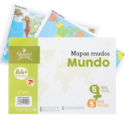 Quijote Paper World - Bloc Mapas 10 Hojas, 5 POLÍTICO + 5 FÍSICO, 22,5x32,5cm, España, Europa, Mundo, Geografía, historia, educativo, escolar - MUNDI