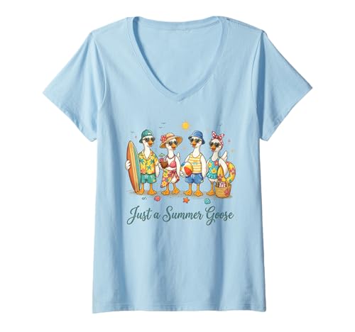 Women's Just a Summer Goose Funny Geese Beach Vacation Summer Vibes V-Neck T-Shirt