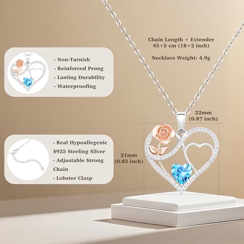 Infinity Love Heart Rose Birthstone Necklace for Women–S925 Sterling Silver 18k Rose Gold Plated Pendant,18+2 Inch Adjustable Chain,Gift for Her Mom Wife Girlfriend Lady,Fine Jewelry Present for Anniversary Valentine Dating Birthday Wedding4