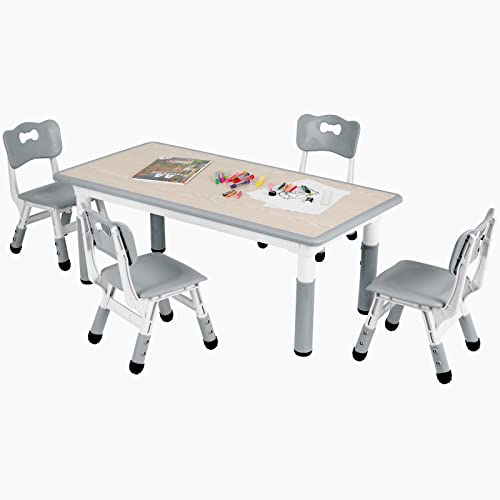 Arlopu Kids Table and 4 Chair Set, Height Adjustable Toddler Table and Chair Set, Non-Slip Legs, Graffiti Desktop, Large Children Activity Table, Reading Daycare Classroom Home (Grey)