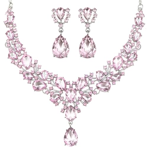Hicarer Bridal Teardrop Cluster Crystal Jewelry Set for Women Necklace Earrings Wedding(Pink)