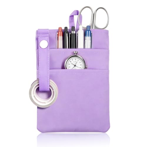 a zippered fabric pocket organizer with pen slots clipped to a waistband