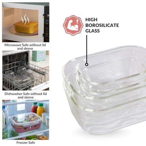 Image of Nestasia Glass Lunch Box with Silicone Sleeve (1000ml) - Borosilicate Glass Lunch Box with 3 Compartments for Office | Microwave & Freezer Safe, Leak-Proof Tiffin Box with Clip Locks (Mauve)