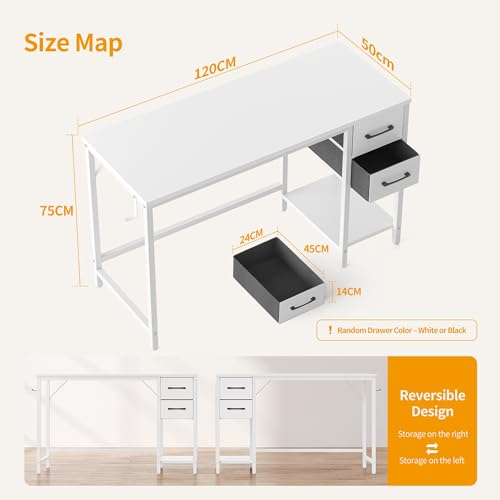 CubiCubi Schreibtisch mit 2 Schubladen und Kopfhörerhaken, 120×50×75cm Kleiner Computertisch, Bürotisch, für Arbeitszimmer, Schlafzimmer, Metallgestell, Weiß
