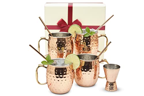 [Gift Set] Kitchen Science Moscow Mule Mugs, Stainless Steel Lined Copper Moscow Mule Cups Set Of 4 (18Oz) W/Straws & Jigger | Tarnish-Resistant Stainless Steel Interior (Set Of 4) #TOP6