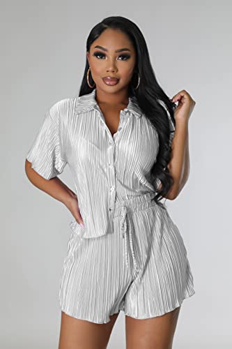 Fastkoala Short Sets Women 2 Piece Outfits Vacation Pleated Button Down Shirts Drawstring Shorts Set Loungewear White L #TOP2