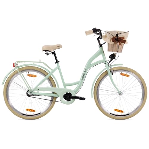 Goetze Style 26 Zoll Citybike, 17 Zoll Tiefeinsteiger Rahmen, 3-Gang Nabenschaltung, Rücktrittbremse, V-Bremse vorne, LED-Beleuchtung, Rattankorb, Komfortsattel, mit Seitenständer & Klingel