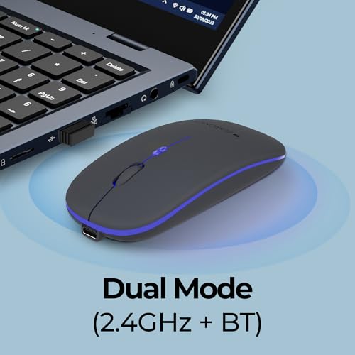Zebronics Wireless Mouse, Dual Mode 2.4GHz + BT, Up to 1600 DPI, USB Nano Receiver, Lightweight Design, Multicolor LED Lights, Rechargeable Battery (Blanc, Grey) view 2