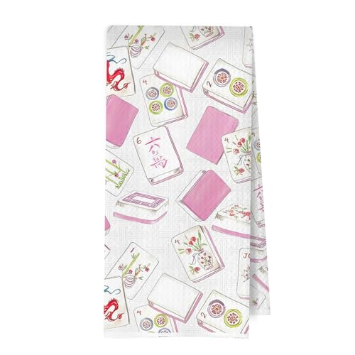 ERYBHKRTYH Mahjong Gifts Kitchen Towels - Pink Mah Jong Gifts Waffle Decorative Dish Towels, Preppy Mahjong Gift Hand Towel, Hostess Gift Tea Towel, 16×24 Inches