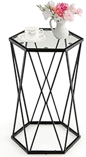 COSTWAY Hexagonal Coffee Table, Metal Frame Small Sofa End Side Table with Tempered Glass Top, Modern Narrow Nightstand Accent Snack Tea Table for Living Room, Bedroom and Balcony (40 x 35 x 61cm)