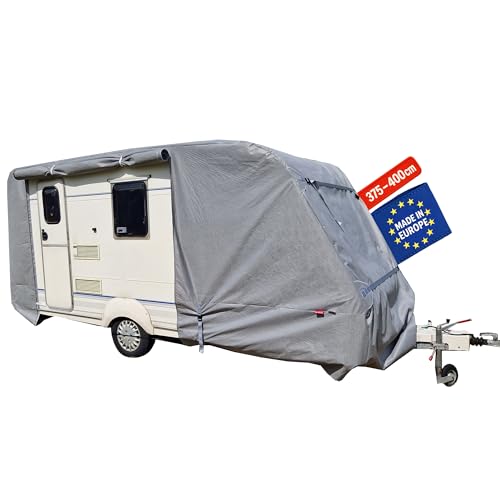 POLCOVER Abdeckplane für Wohnwagen | UV-resistente Wetterfeste Wohnmobilabdeckung | Langlebig Schutzhülle Atmungsaktive | 5 Schicht Wohnwagenplane 400 x 220 x 225 cm (EU-Version)