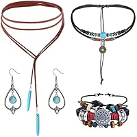MILACOLATO Joyería Bohemia Multicapa Turquesa Larga Gargantilla Collar Pendientes Colgantes Cuerdas de Cáñamo Cuentas Cuero Gargantilla Wrap Pulsera Western Native American Jewelry Set para Mujer