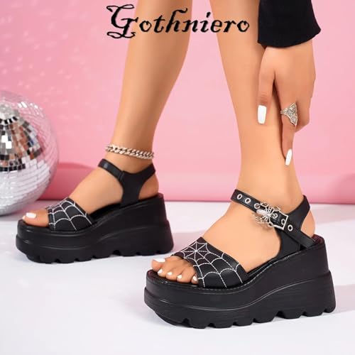 Image of Gothniero women black platform sandals goth chunky wedge heel summer sandals girls gothic punk platform sandals for women metallic spider buckles slides size 5.5-11