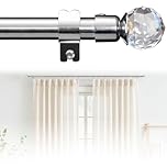 Harrms Curtain Poles Silver, Crystal Finial Curtain Rod for Voile/Sheer Curtains (16mm), 76-224cm, Adjustable Bay Window Pole Stainless Steel with Heavy-Duty Brackets, Victorian/Classic Interiors