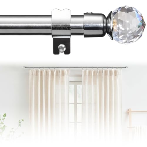 Harrms Curtain Poles Silver, Crystal Finial Curtain Rod for Voile/Sheer Curtains (16mm), 76-117cm, Adjustable Bay Window Pole Stainless Steel with Heavy-Duty Brackets, Victorian/Classic Interiors
