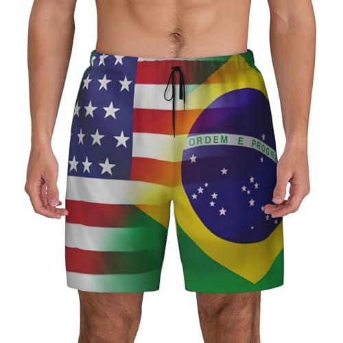 American and Brazilian Flags Print Swim Trunks Men Beach Pants Swimwear Shorts with Pockets for Surfing Swimming