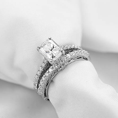 Doveggs Center 2Ct 6X8Mm G-H-I Color Radiant Cut Antique/Vintage Moissanite Engagement Wedding Ring 14K Gold Quality Silver Engagement Ring Soldered Bridal Set For Women(5.5) #TOP2
