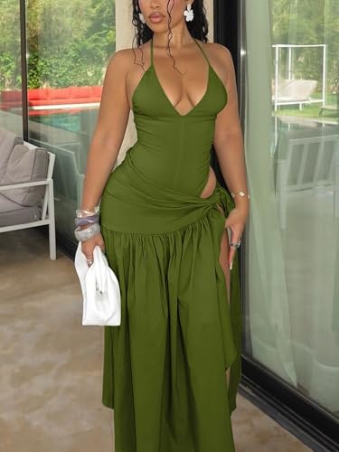 Image of Two Piece Skirt Set Women Sexy Halter Backless Bodysuit and Wrap Tied High Split Summer Maxi Skirt Set