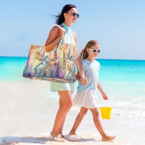 Watercolor Dragonfly Lavender Beach Bag for Women Large Beach Tote Bag with Zipper for Travel Vacation3