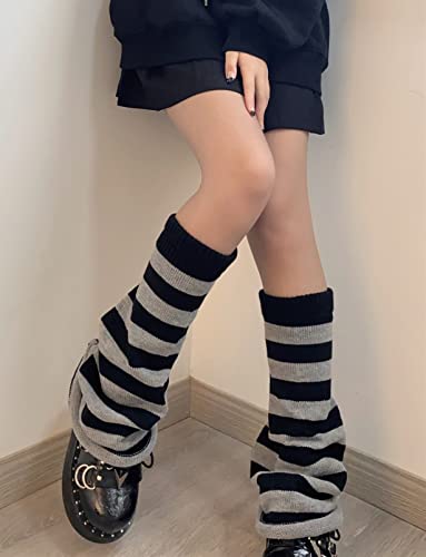 Uraweso Women 80S Ribbed Knitted Leg Warmers Harajuku Gothic Cosplay Black And Gray Striped Leg Sleeve #TOP1