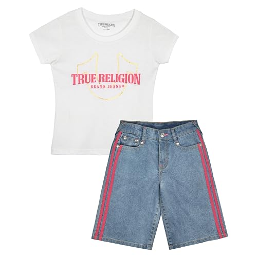 Image of True Religion Girls Jeans Shorts Set Girls Denim Short and Fashion Tee Shirt Clothing Set for Kids