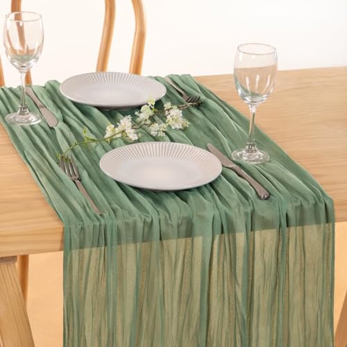 Image of MLMC Sage Green Table Runner 10ft Rustic Gauze Cheesecloth Table Runner Sage Cheese Cloth Centerpiece Decor 35x120 Inches for Boho Wedding Bridal Shower Party Decor