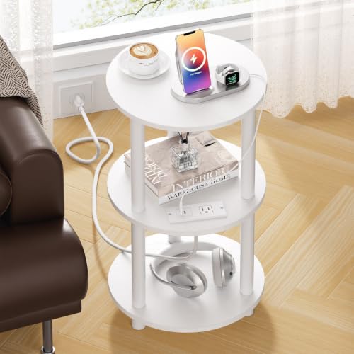 Atoping Side Table with Charging Station, Round End Table Tool‑Free Assembly for Living Room, White Accent Table Couch Bedroom Small Spaces, Small Round Side Table Nightstand, Sturdy Sofa Table
