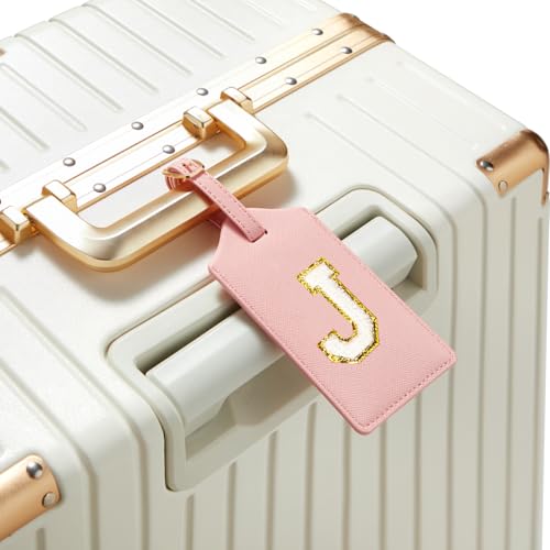 Initial Luggage Tag, PU Leather Luggage Tag, Embroidered Luggage Tag, Letter Luggage Tag, Monogrammed Luggage Tag, Luggage Tag for Baggage Bag Suitcase (J, Pink Leather+White Letter)