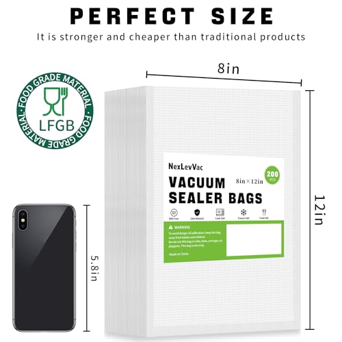 NexLevVac 200 Quart Vacuum Sealer Bags - 8x12 Inch, Heavy Duty Commercial Grade for Food Saver, Seal a Meal, Sous Vide, Meal Prep, Freezer Storage by NexLevVac - Used condition - Image 2