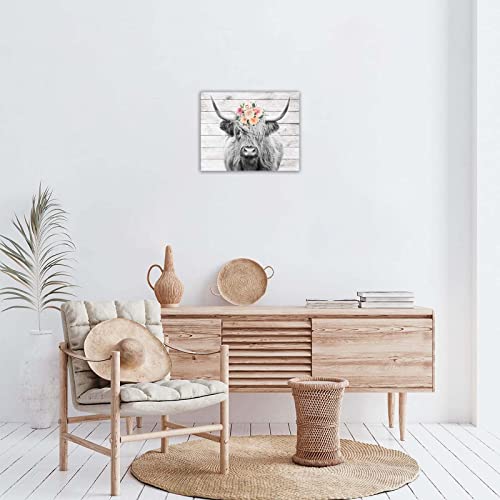 Fotric Cow Wall Decor Black White Highland Cow Headband Flower Canvas Wall Art Farmhouse Bathroom Wall Decor Poster Rustic Kitchen Framed Painting (Wooden Frame24''X30'') #TOP3