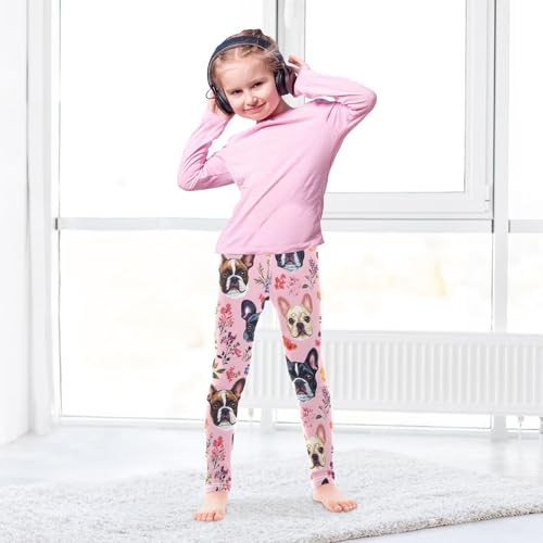 Cute Bulldog Flower Girls Leggings Soft Stretch Workout Yoga Dance Pants for Kids Casual Tights4