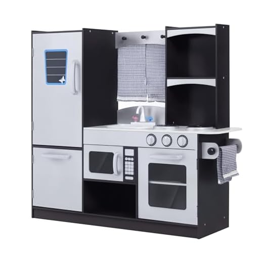 homcom Grande Cucina Giocattolo Deluxe per Bambini Frigorifero Microonde Forno Fornelli Lavandino con Rubinetto Congelatore MDF(P2) Legno di Pino 105Lx31.5Px95Acm Argentato Marrone