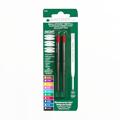 Monteverde Ballpoint Refill to Fit Parker Ballpoint Pens, Medium Point, Soft Roll, Red, 2 per Pack (P132RD)