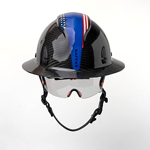 SAFFAS Carbon Fiber Hard hat Full Brim American Flag 6 Point Ratchet Suspension (Blue)