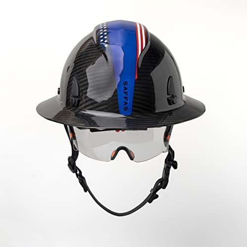 Saffas Carbon Fiber Hard Hat Full Brim American Flag 6 Point Ratchet Suspension (Blue) #TOP27