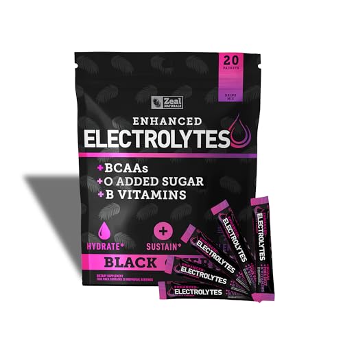 Image of Enhanced Electrolyte Powder Stick Packs (Black Cherry | 20 Packets) w / 0 Sugar +BCAAs +B-Vitamins Electrolyte Supplement w Potassium Zinc & Magnesium for Hydration - Keto Electrolytes