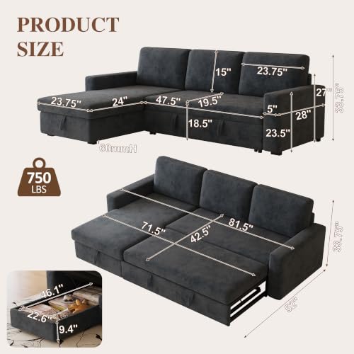 FAVSH 81" L Shaped Convertible Sleeper Sectional Sofa Bed, Dark Gray by FAVSH - Used condition - Image 2