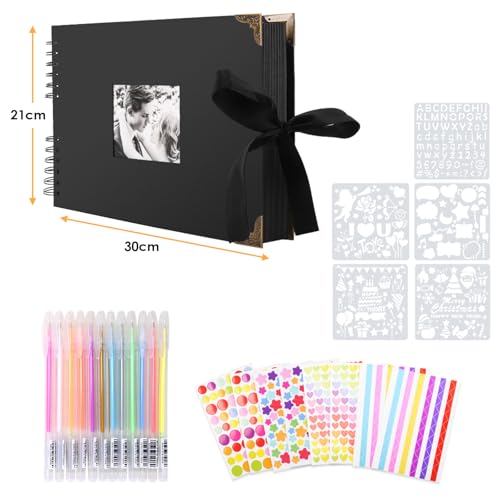Fotoalbum zum Selbstgestalten 30x21 cm, Fotobuch zum Selbstgestalten mit 80 Schwarze Seiten, Platz für 160 Fotos, DIY Groß Zum Einkleben Scrapbook Set für Jahrestag Valentinstag mit Protektkegeln