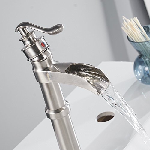 Bathfinesse Bathroom Sink Faucet Brushed Nickel Waterfall Vessel Sink Faucet Single Handle 1 Hole Faucet For Bowl Sink Lavatory Deck Mount Tall Commercial Supply Hose Lead-Free #TOP6