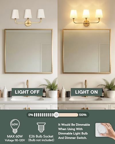 Image of 3-Light Bathroom Light Fixtures, Brushed Gold Vanity Lights with Linen Fabric Shade, Modern Sconces Wall Lighting for Hallway Bedroom, Upward Lighting, VL837-BG-A-3