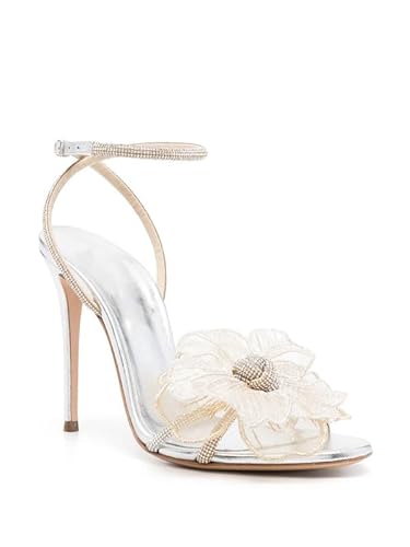 MissHeel Silver Rhinestone Heels for Women Flower Shoes for Wedding Stiletto Heels Sexy Sparkly High Heel Sandals with Ankle Strap Size 7