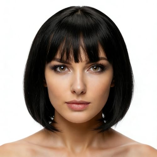 Perruque Carré Noir, 12 Pouce Perruque Femme Naturelle Cheveux Humain Longueur Naturelle aux Épaules, Perruque Femme Courte Convient pour un Usage Quotidien...