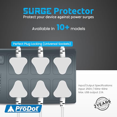 Image of Prodot 6 Universal Sockets Surge Protector with 2.5m Heavy-Duty Copper Cord | Up to 2500W (250V~10A) I 350 Joules Protection I Automatic Overload Protection I Shock-Proof ABS Body I Home & Office Use