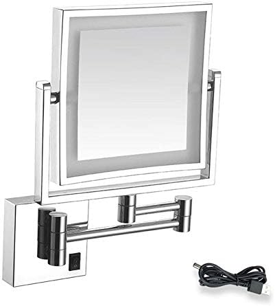 Square Bathroom Mirror Shaving Mirrors Make Up Wall Mounted USB Rechargeable LED Illuminated Mirror 3X Magnifying Simply and Luxury Decorate for Hotel Vanity Two Swivel