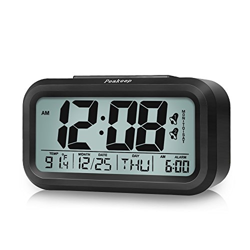Peakeep Battery Digital Alarm Clock with 2 Alarms for Optional Weekday Mode,Snooze, Night Light (Black)