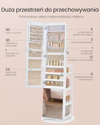 SONGMICS Szafka na biżuterię z długim lustrem, LED, obrotowa o 360°